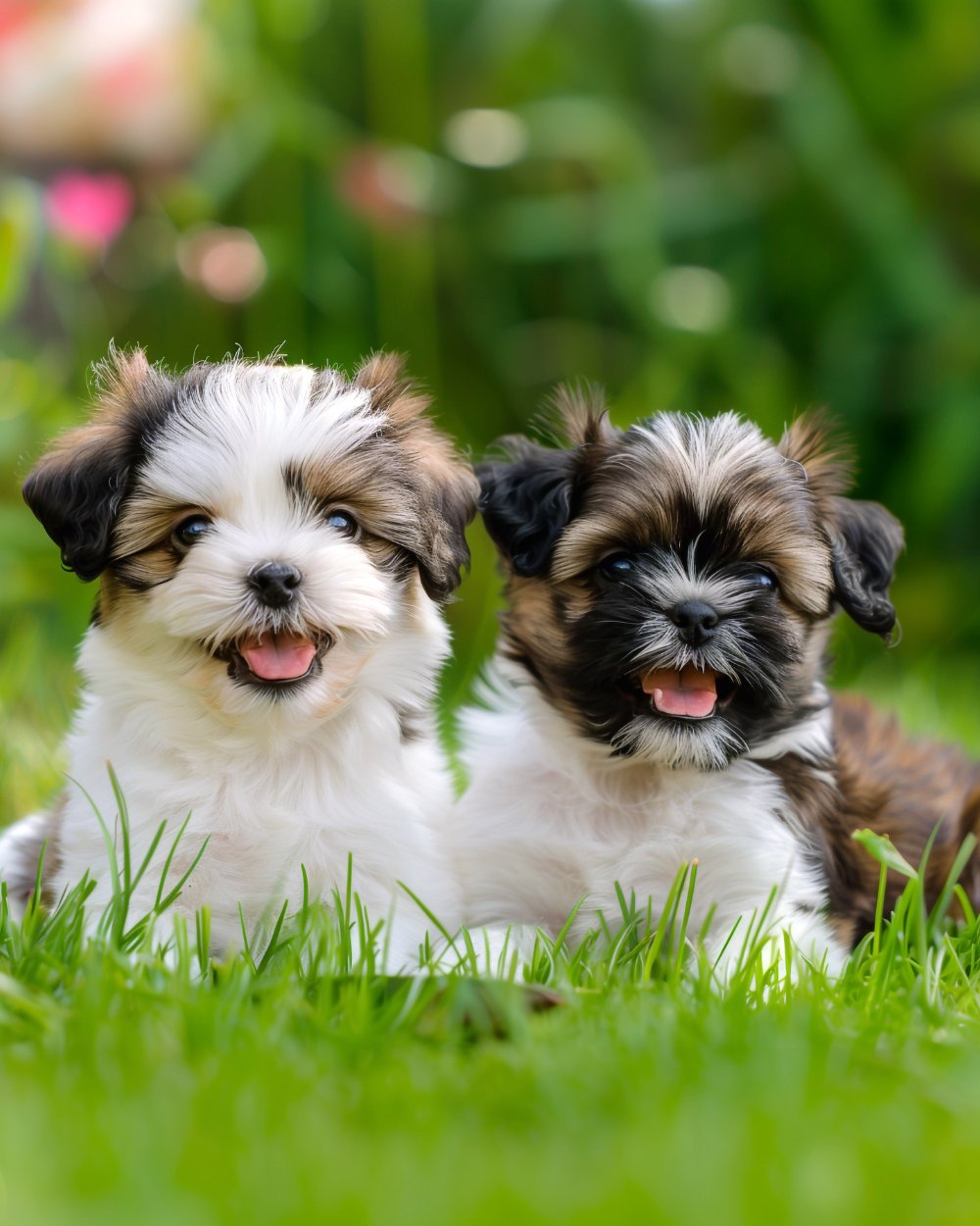 Two adorable Shih Tzu puppies playing on green grass, premium purebred puppies for sale Dubai UAE, Bolt's Family